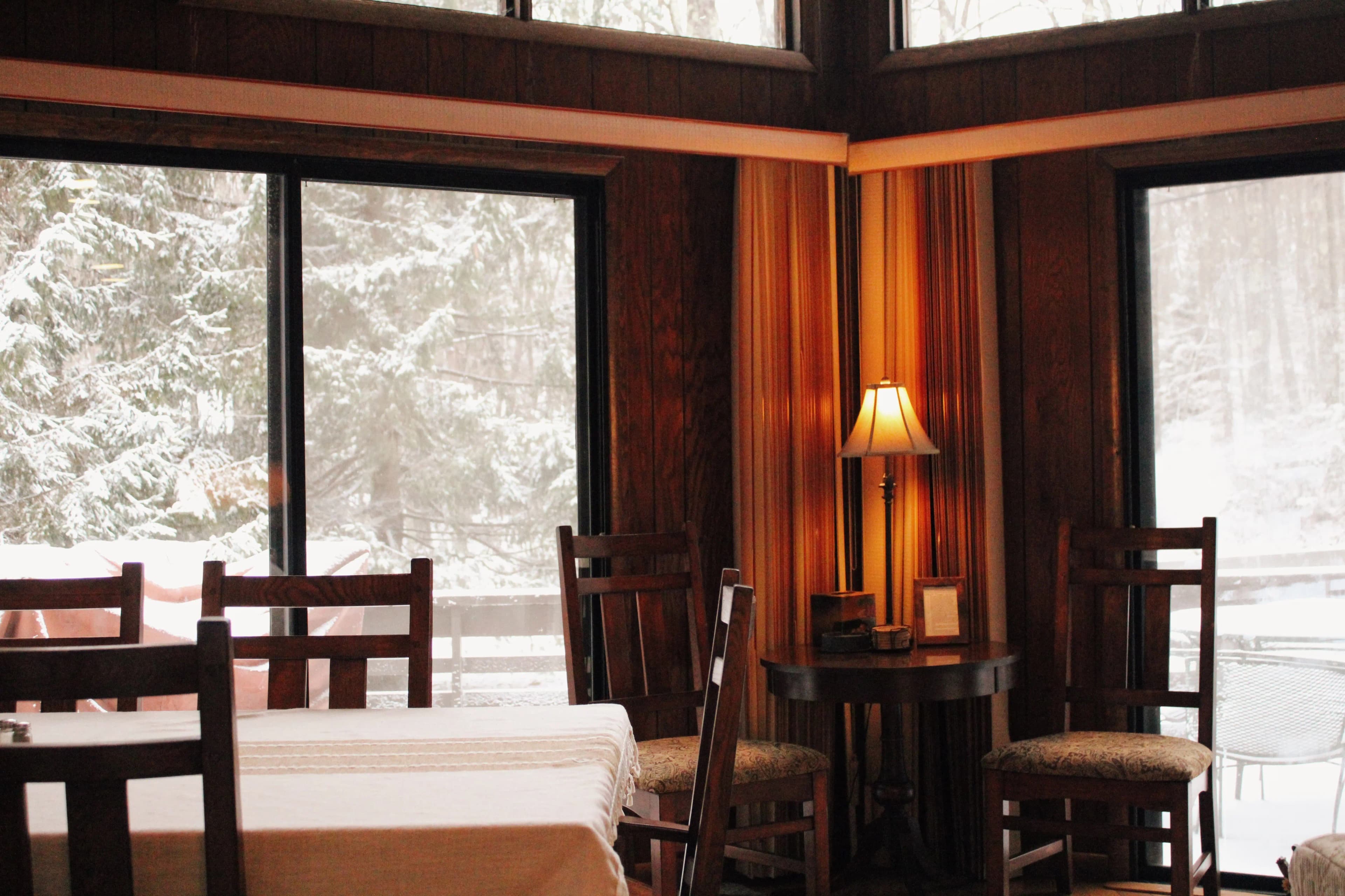 A table with chairs placed in front of a window