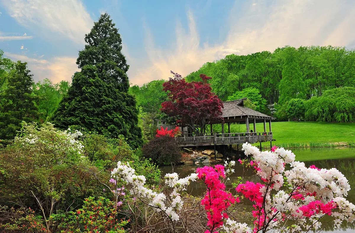 A picturesque gazebo surrounded by vibrant flowers in a serene park setting